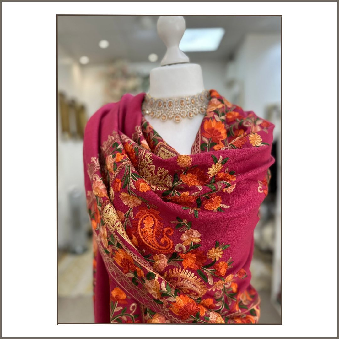Berry Red Hand-Embroidered Pashmina Shawl with Autumnal Floral Border