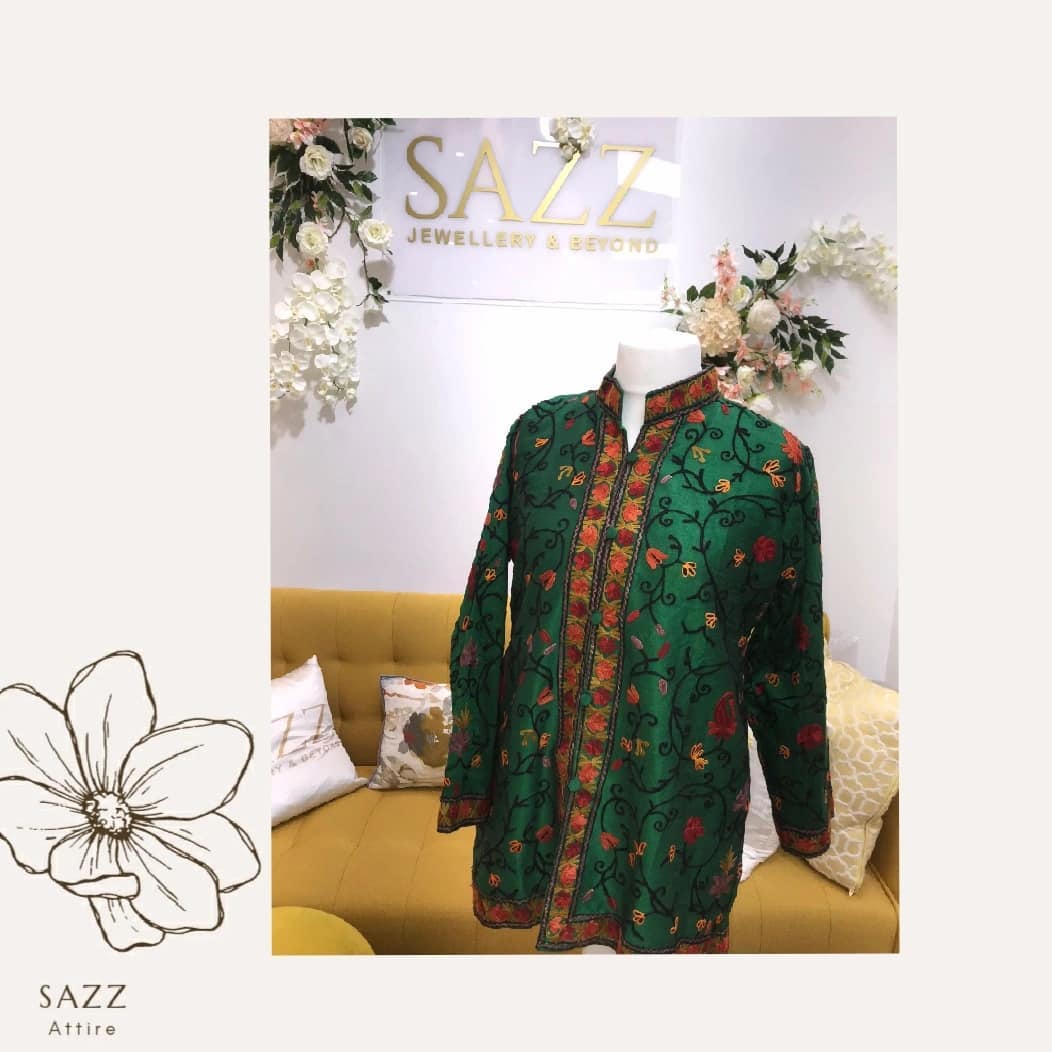 Emerald Green Kashmiri Jacket with Delicate Black Vine Aari Work