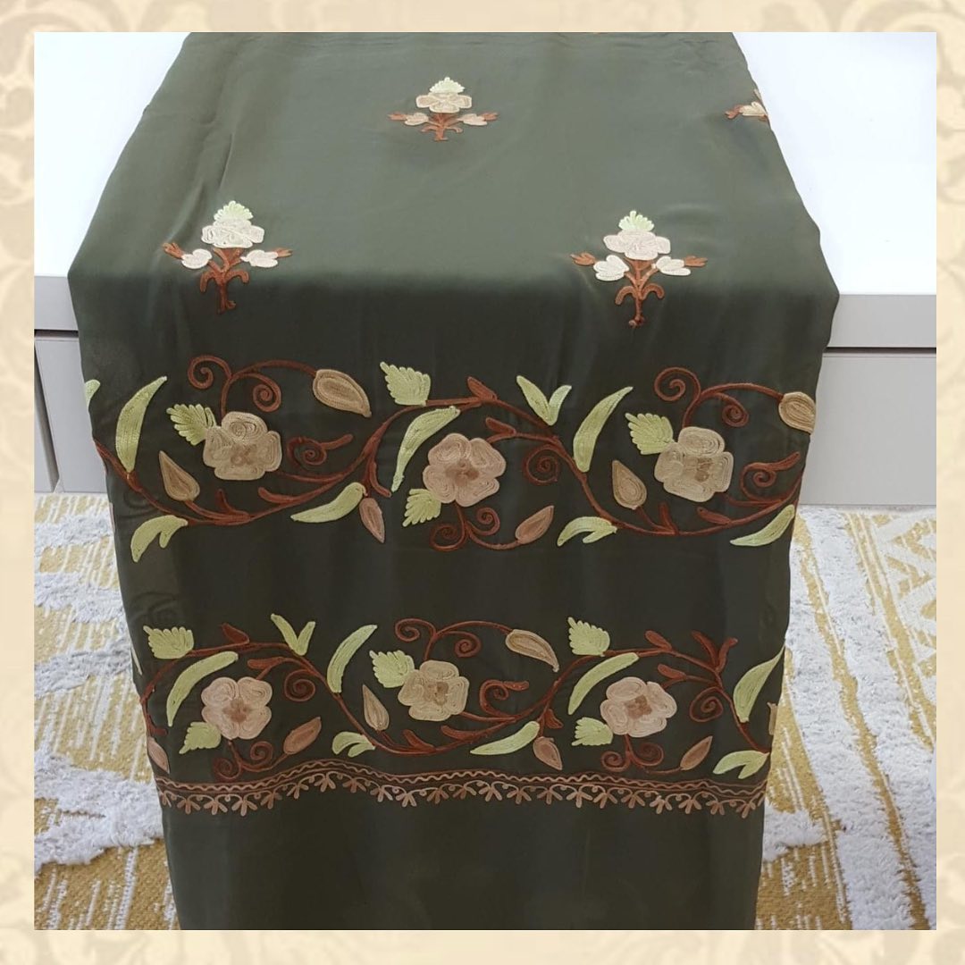 Olive Green Chiffon Saree with Beige Floral Vine Border