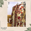 Cream Silk-Style Long Coat with Warm-Toned Floral Aari Embroidery