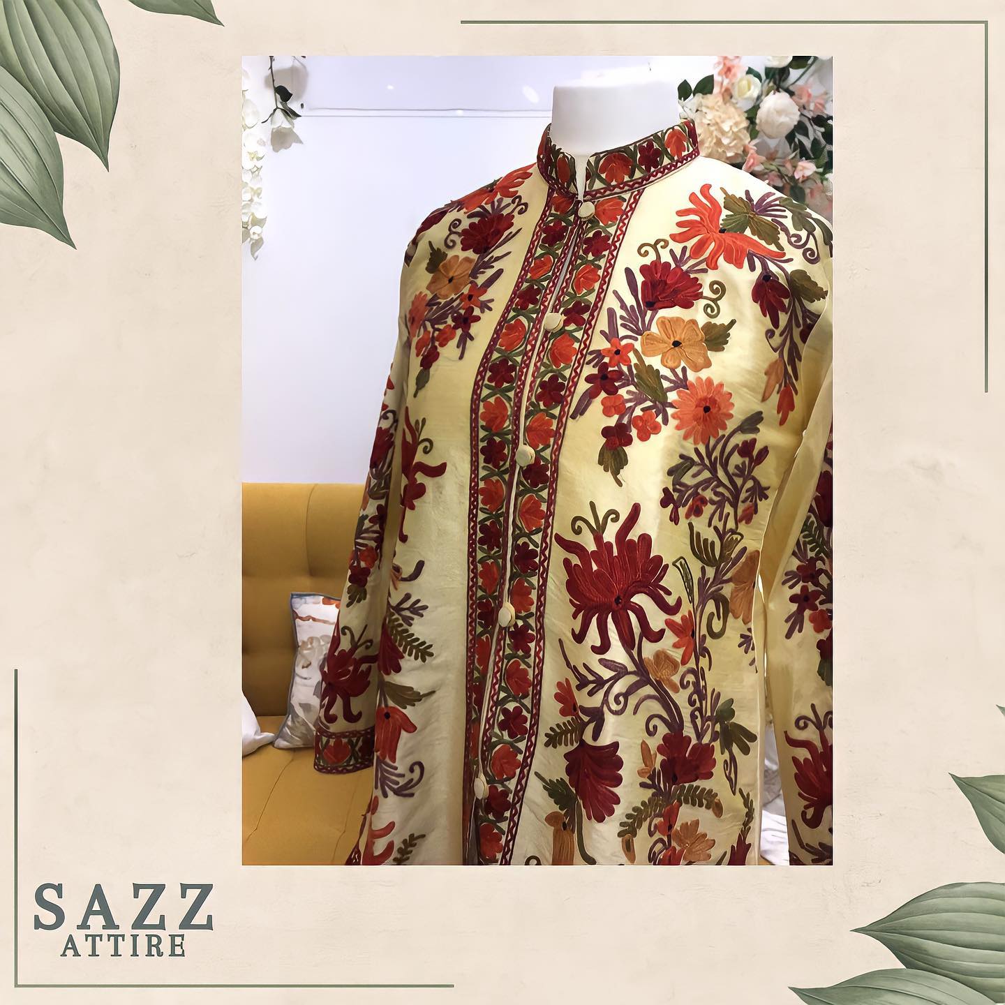 Cream Silk-Style Long Coat with Warm-Toned Floral Aari Embroidery