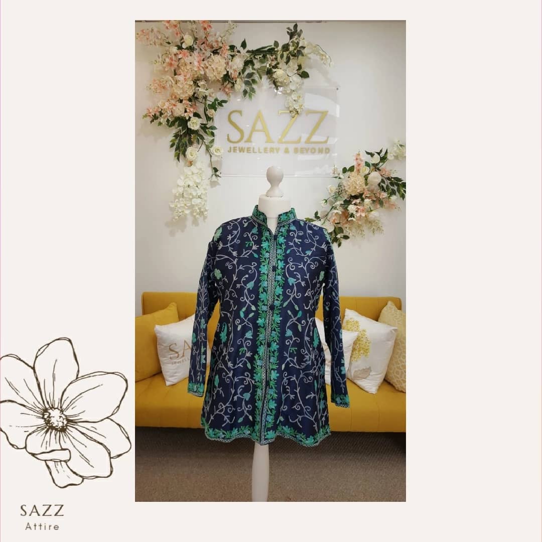 Sapphire Blue & Seafoam Floral Aari Embroidered Short Coat