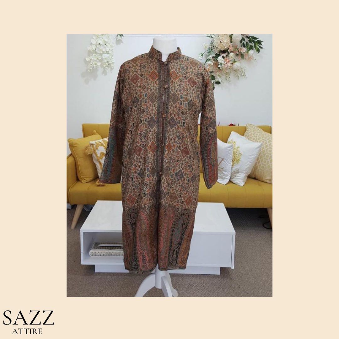 Kashmiri Jamawar Print Long Woolen Coat with Paisley Border