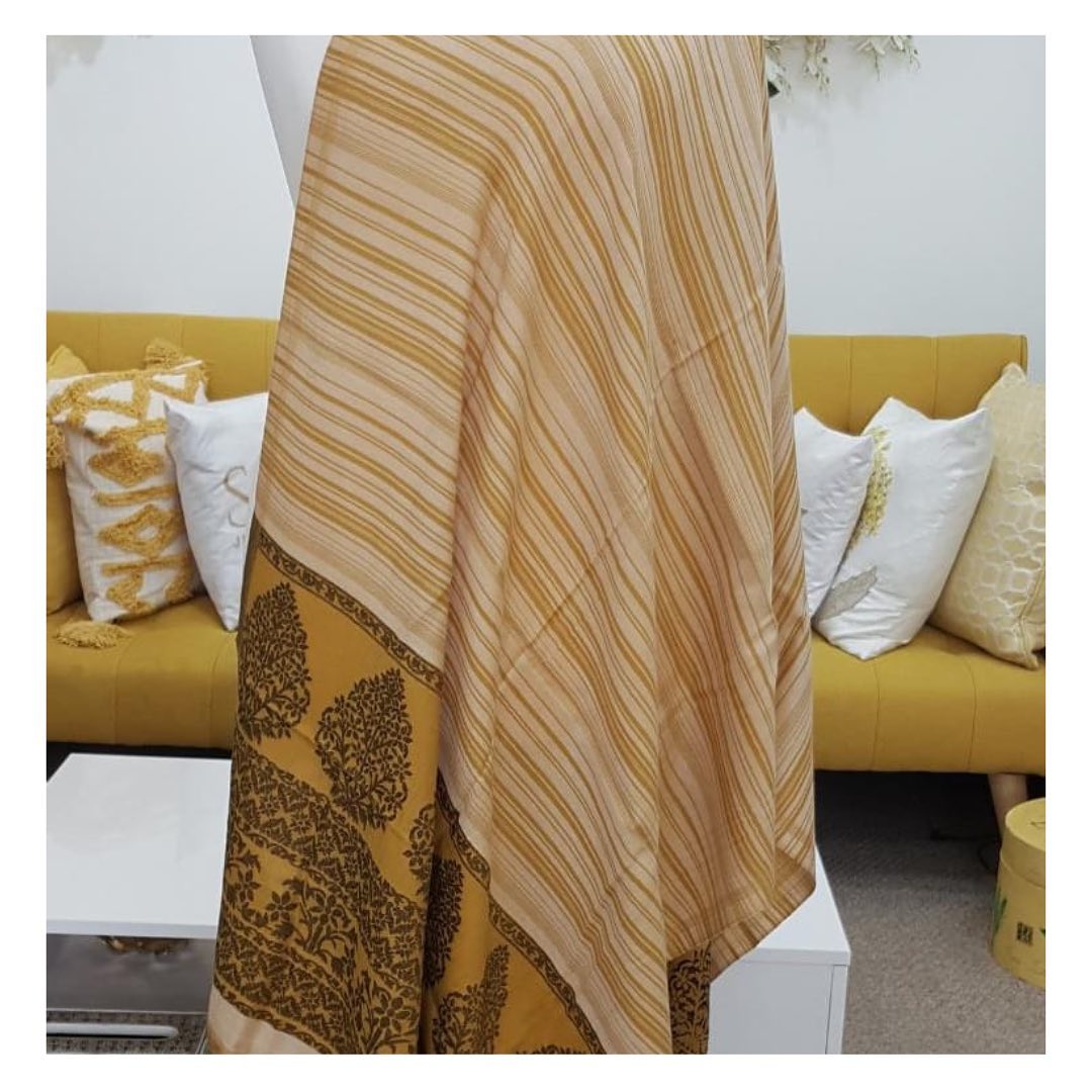 Classic Mustard & Cream Striped Shawl with Traditional Tree of Life Border