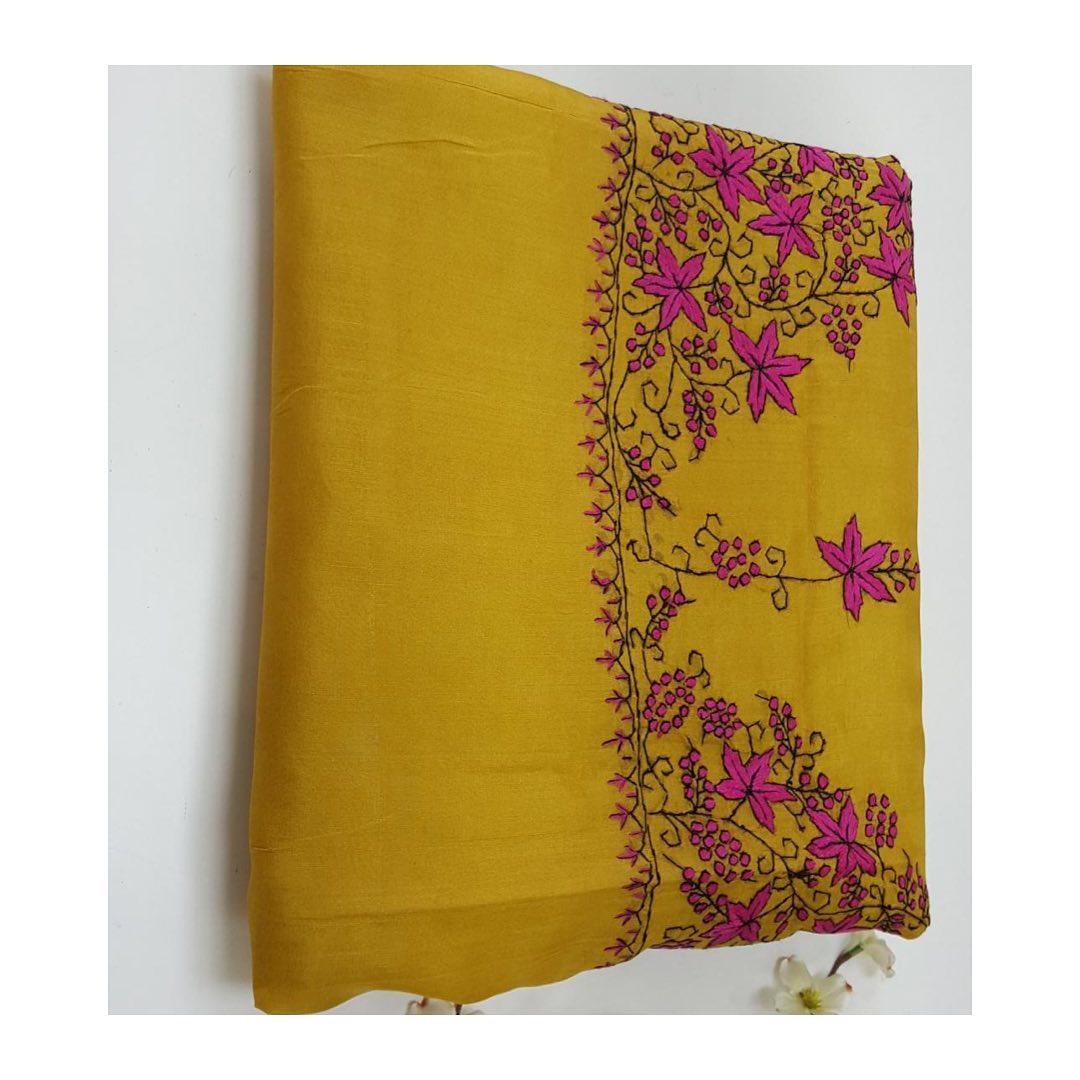 Mustard Yellow Chiffon Saree with Magenta Maple Leaf Border