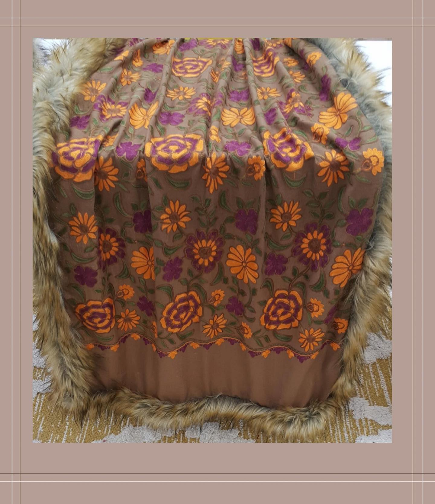 Taupe Floral Embroidered Shawl with Faux Fur Border Detail