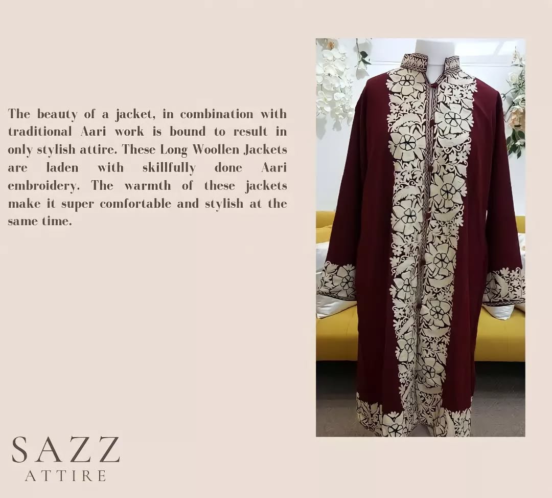 Deep Maroon Aari Embroidered Long Woolen Jacket - Floral Vine Front