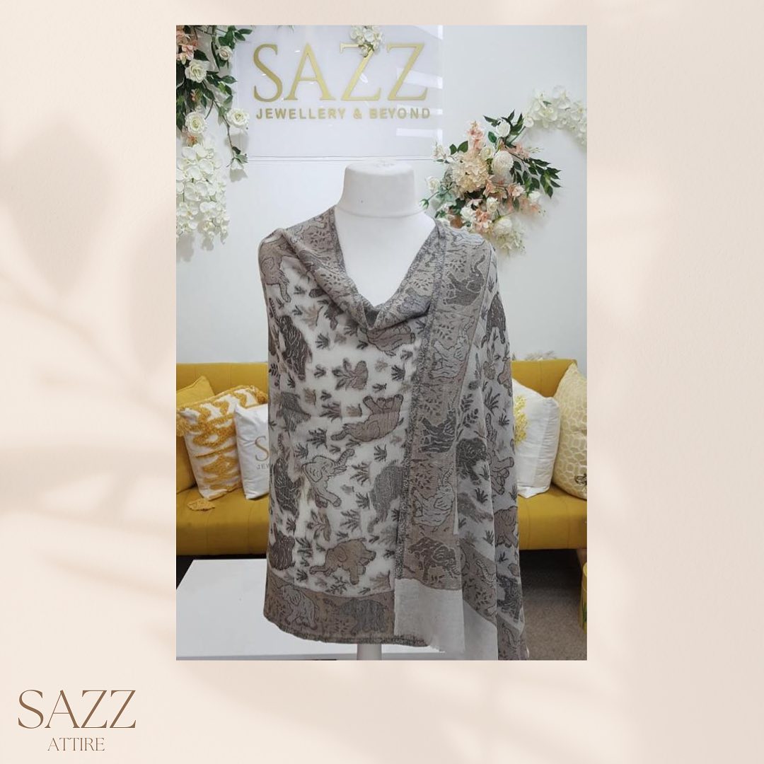 Silver Grey Heritage Shawl with Elephant & Animal Motif Print