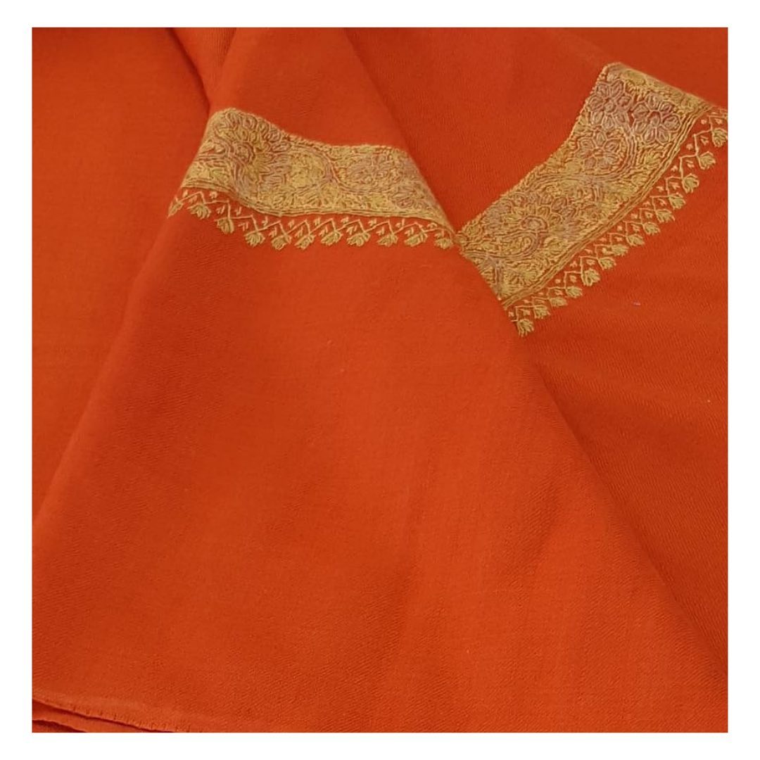 Vibrant Rust Orange Shawl with Fine Golden Border Embroidery