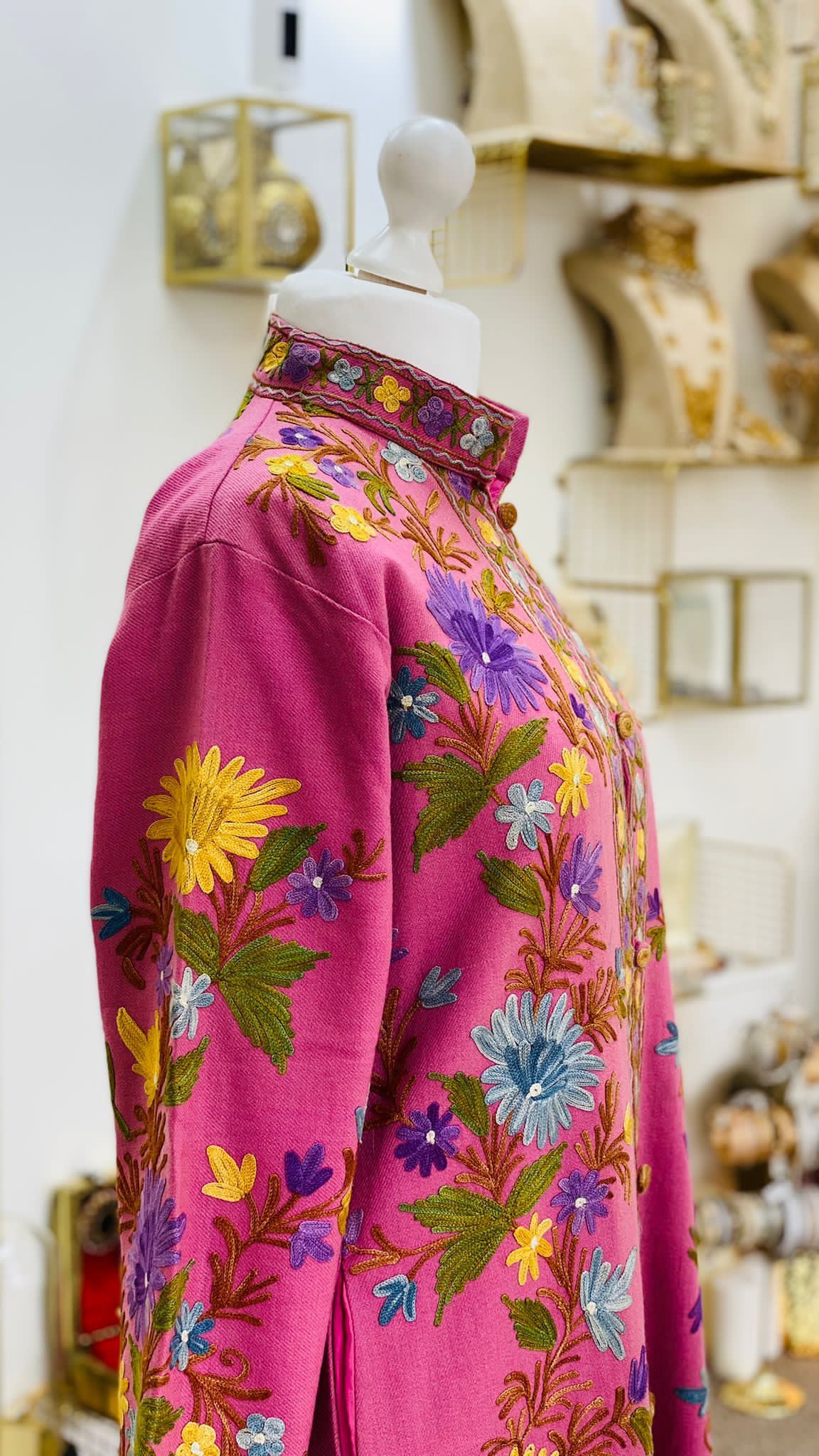 Magenta Pink Kashmiri Aari Work Jacket - Multicolored Floral Garden