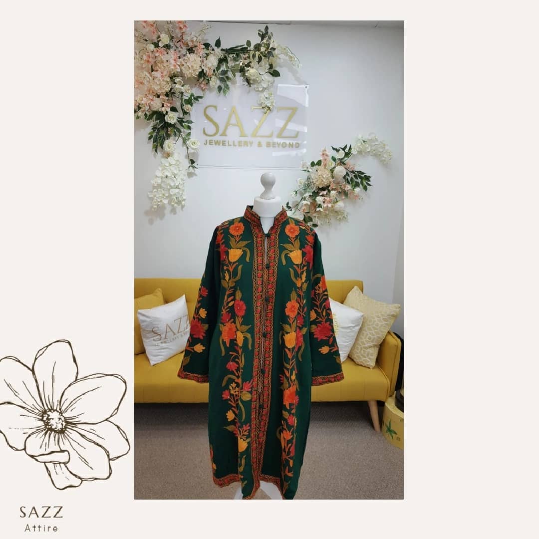 Forest Green Long Woolen Jacket with Vibrant Tulip Aari Embroidery