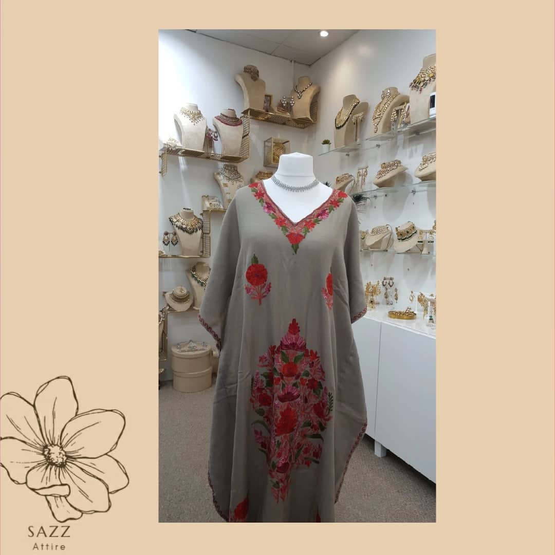 Crimson Bloom Embroidered Kaftan in Earthy Taupe