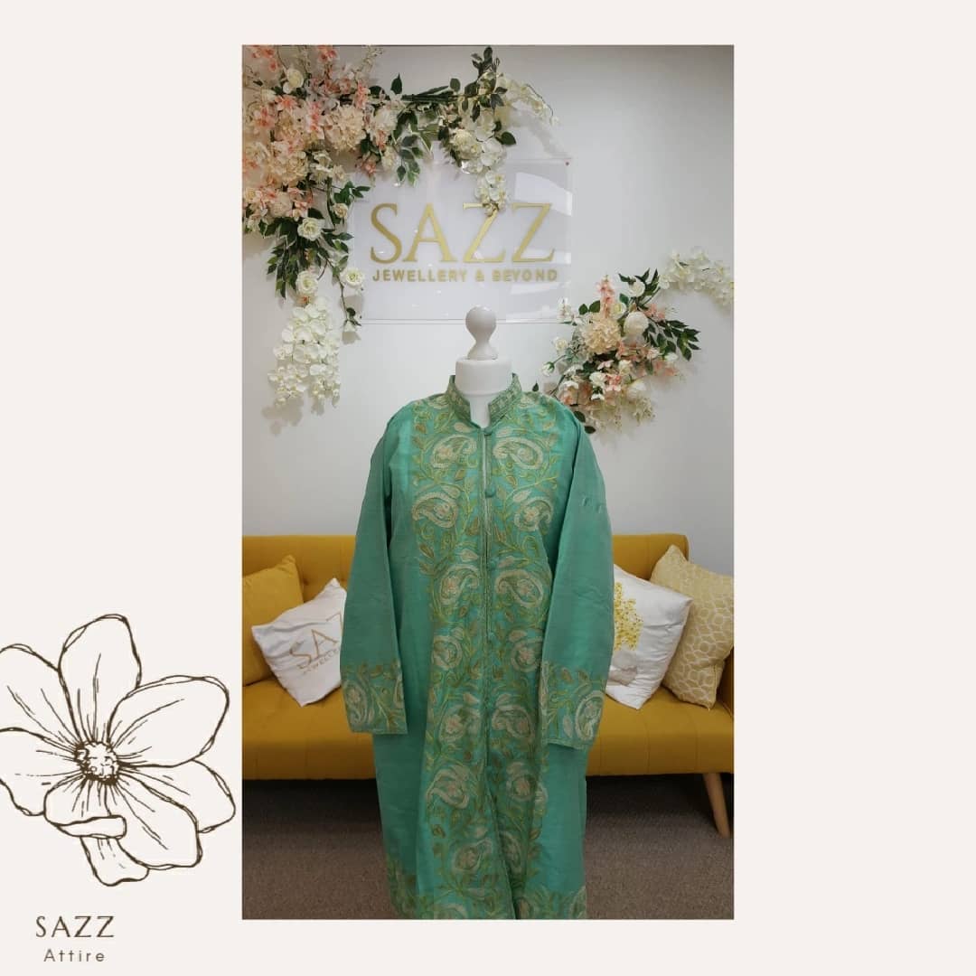 Sage Green Aari Work Long Jacket - Golden Paisley Embroidery