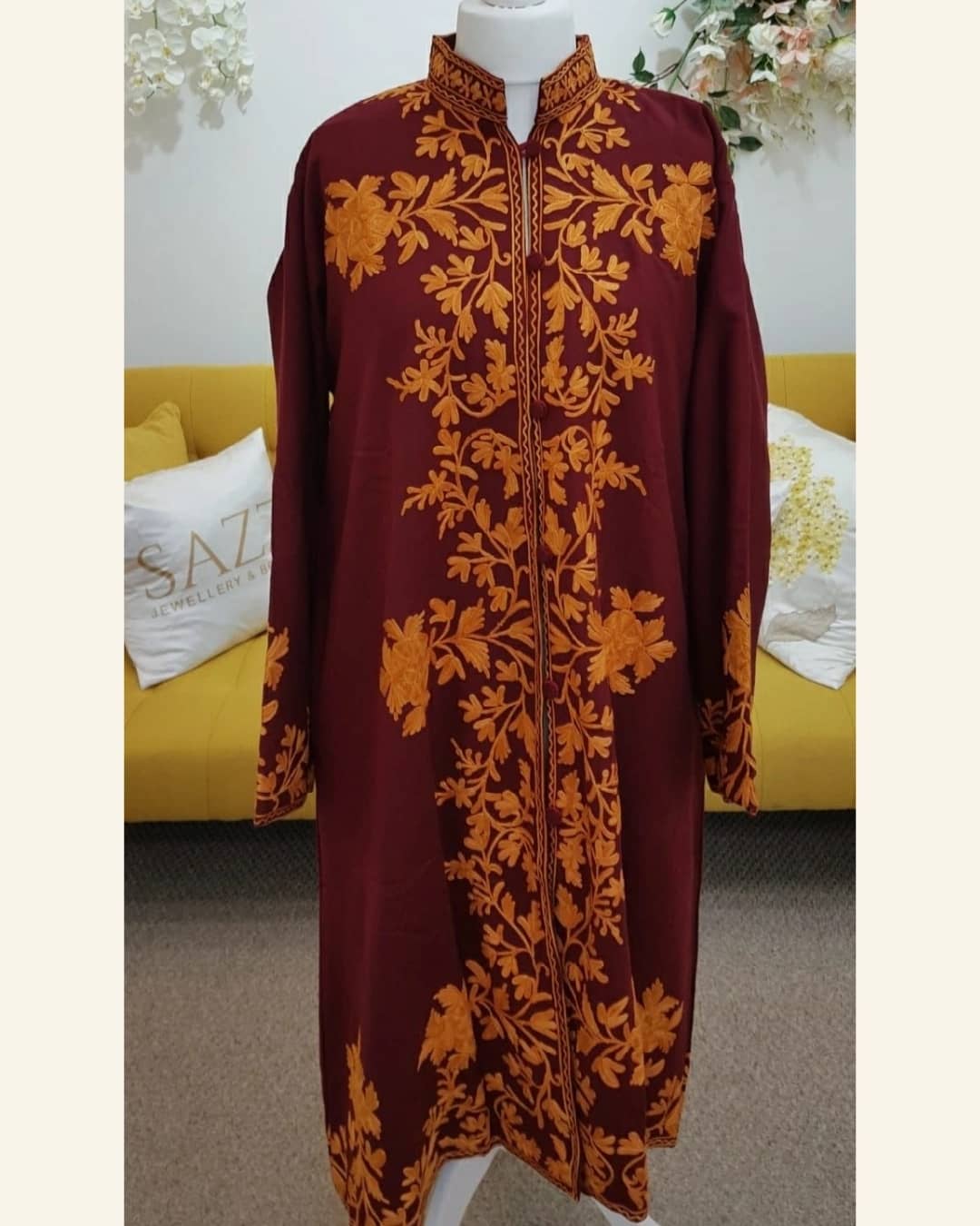 Burgundy Woolen Overcoat with Ochre Yellow Floral Aari Embroidery
