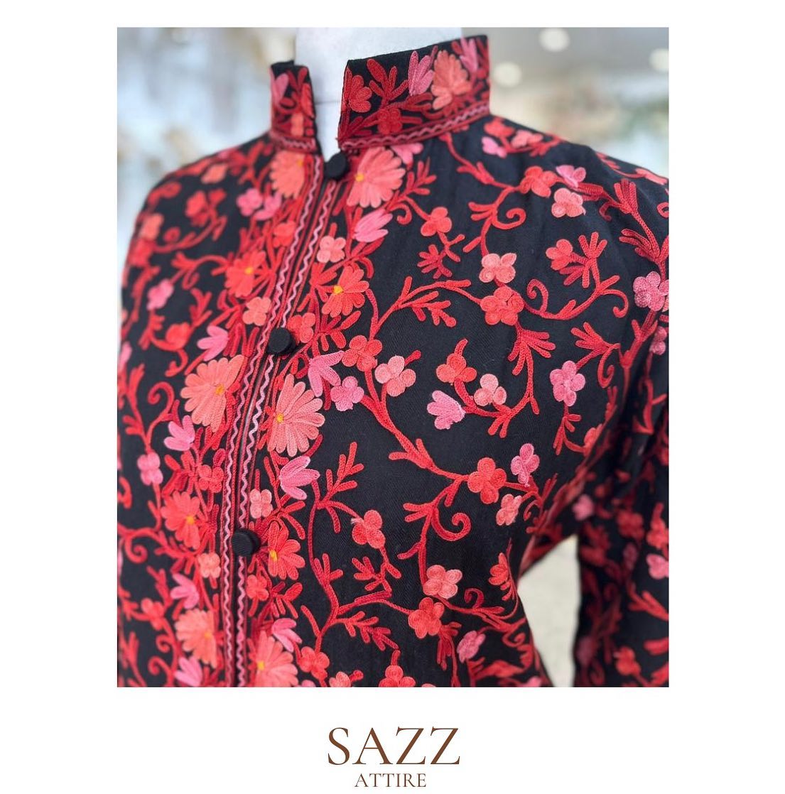 Midnight Black Kashmiri Jacket with Crimson & Pink Floral Aari Work