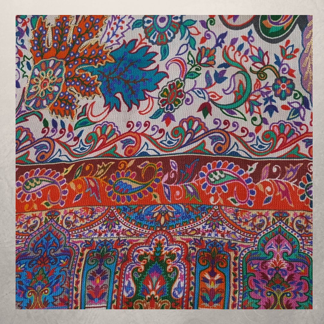 Vibrant Multi-Patterned Kani Shawl with Royal Blue and Orange Accents