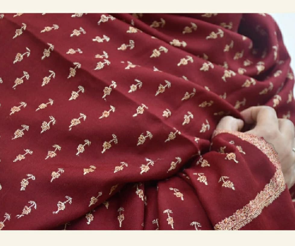 Elegant Burgundy Shawl with Metallic Gold Thread Embroidery