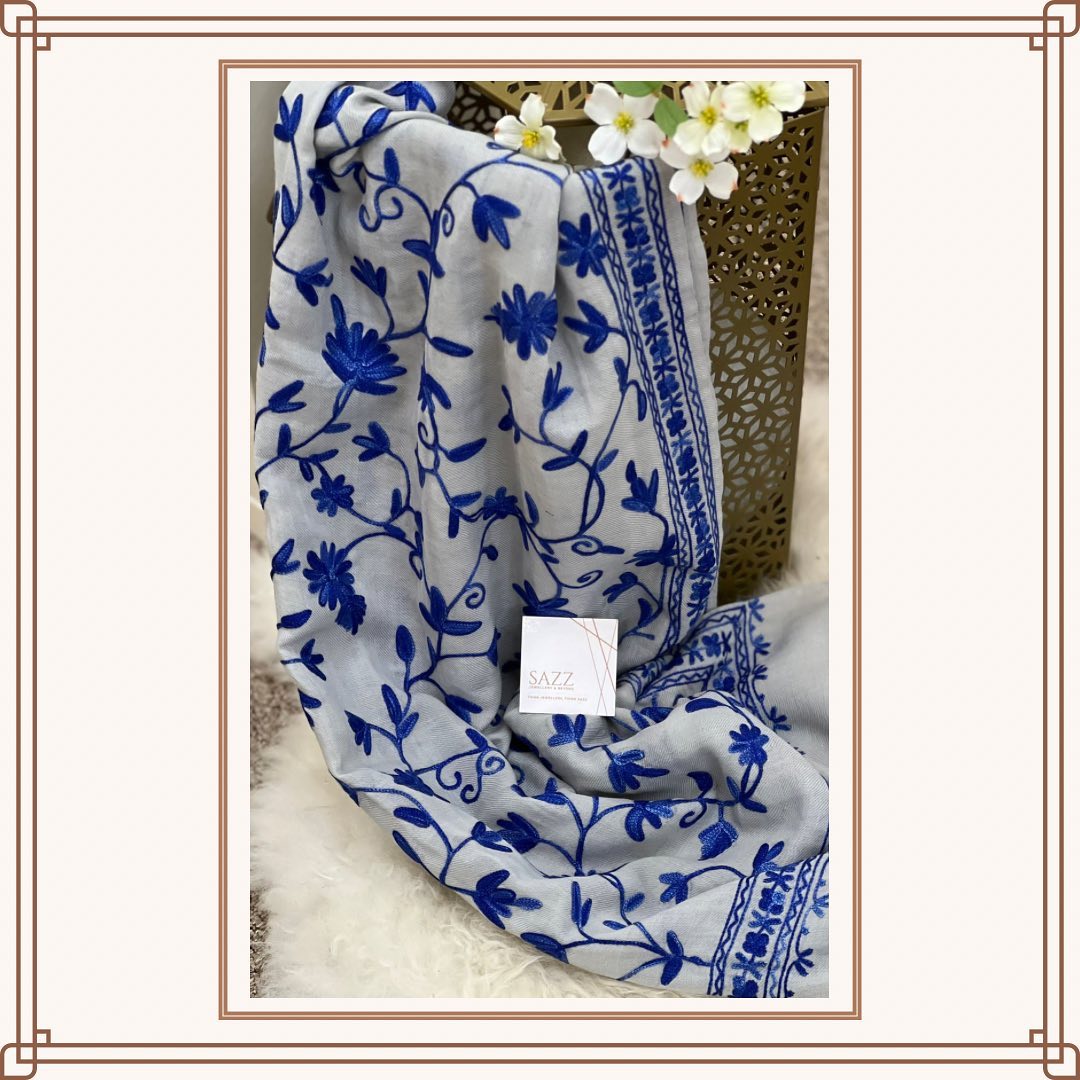 Dove Grey Shawl with Bold Royal Blue Floral Threadwork