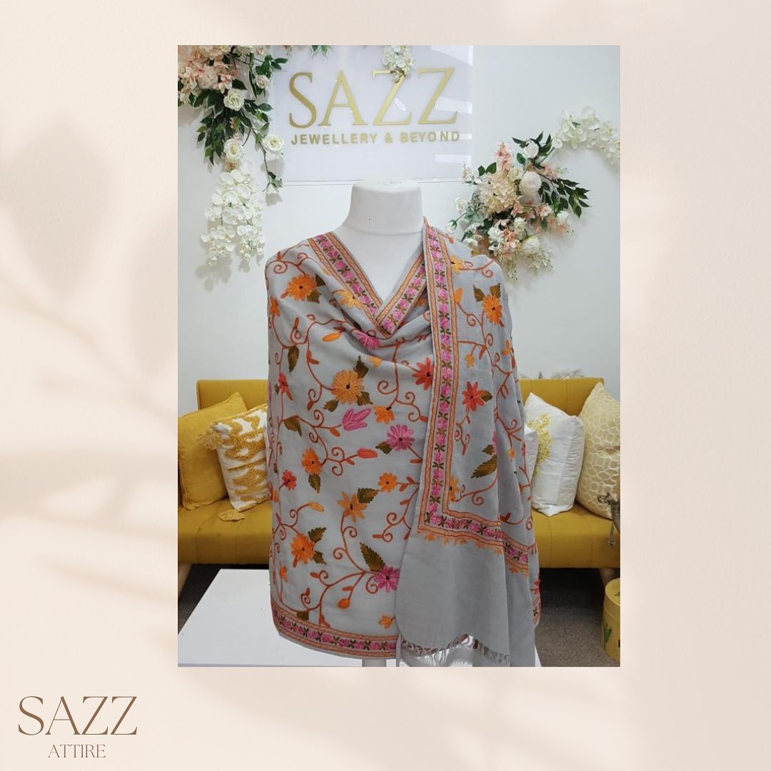 Dove Grey Shawl with Vibrant Floral Aari Embroidery