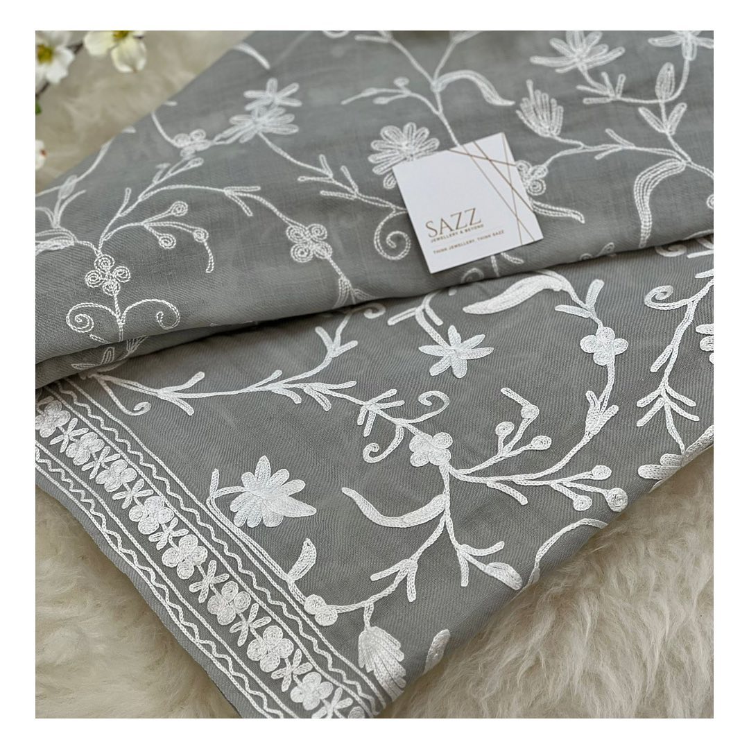 Steel Grey Floral Embroidery Pashmina Shawl