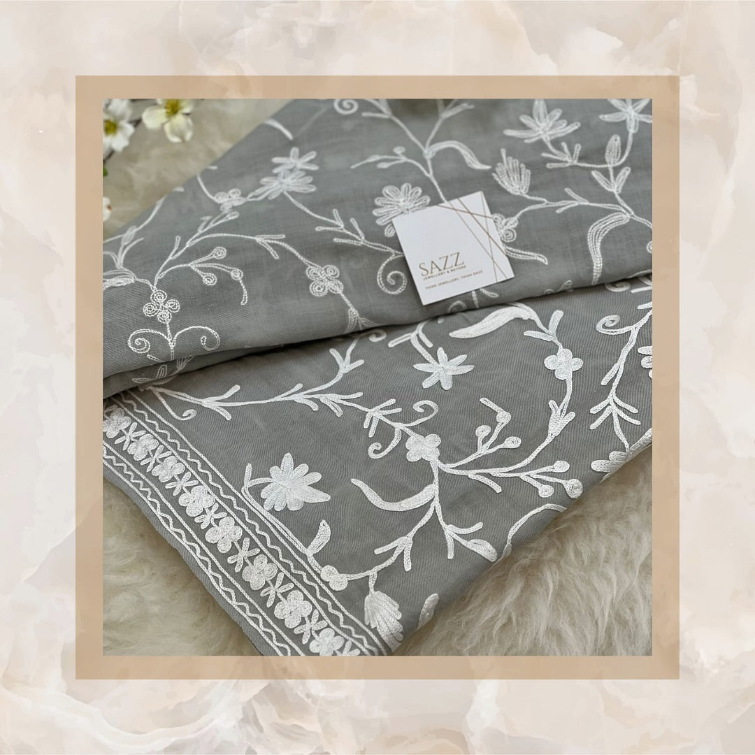 Minimalist Slate Grey & White Vine Embroidered Scarf