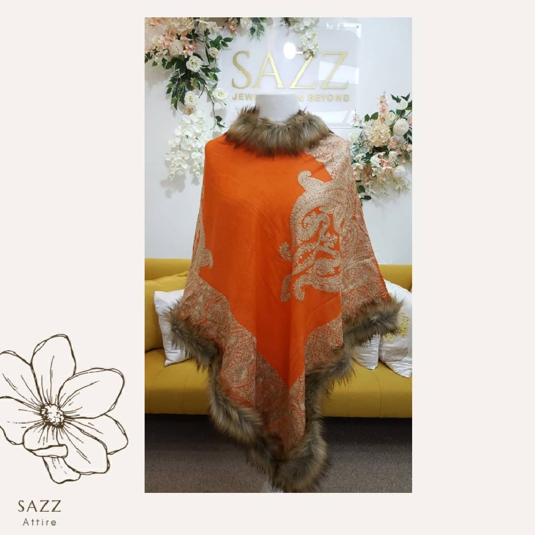 Vibrant Orange & Gold Paisley Statement Poncho with Faux Fur