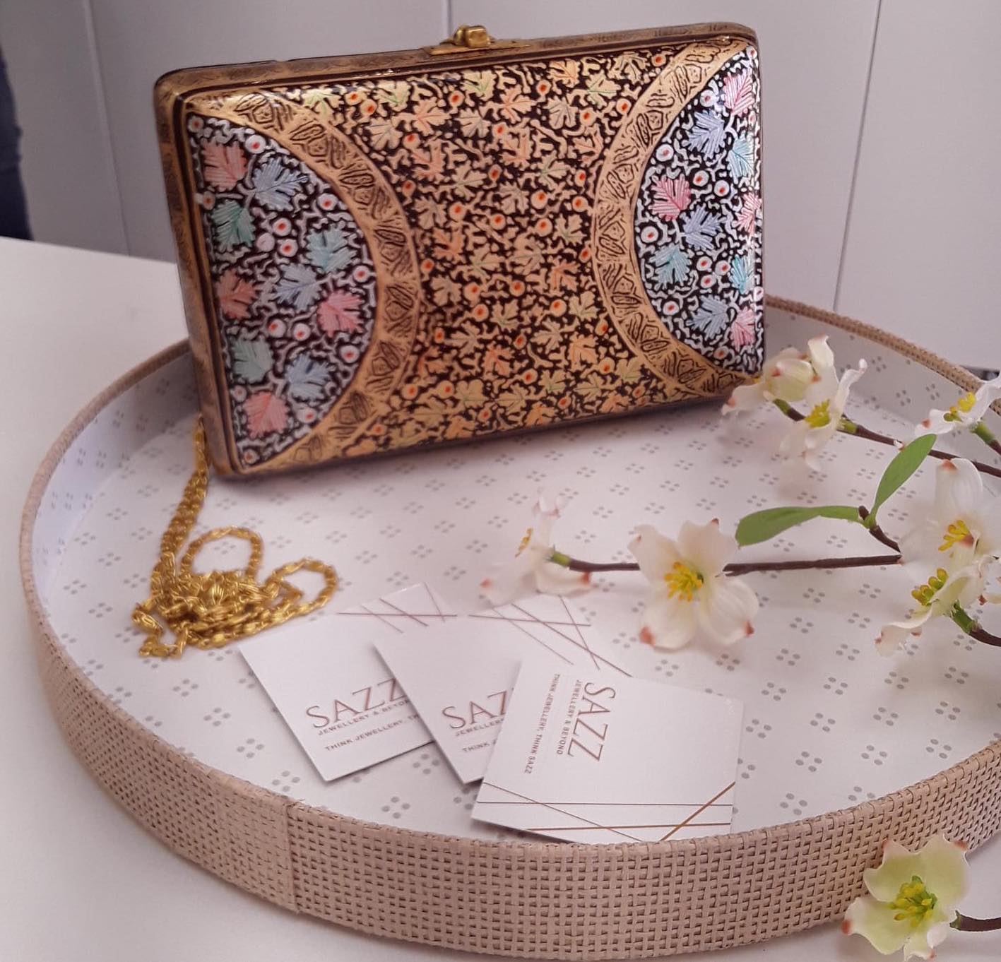 Vintage Mahogany Hand-Painted Papier-Mâché Clutch with Multicolored Vine Motif