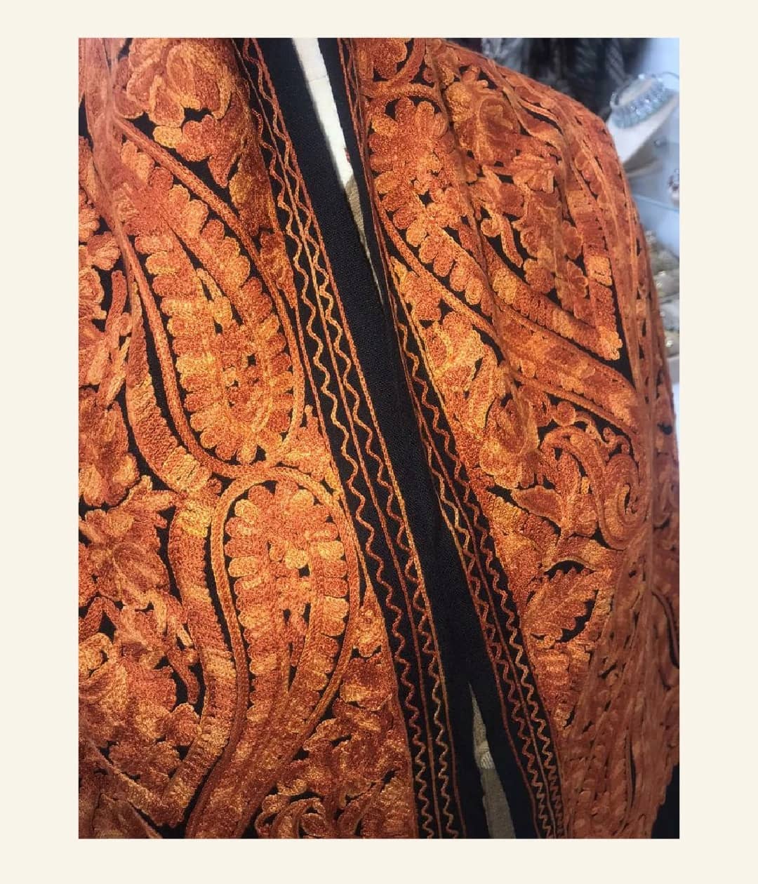 Black & Burnt Orange Pashmina Shawl with Heavy Paisley Sozni Work