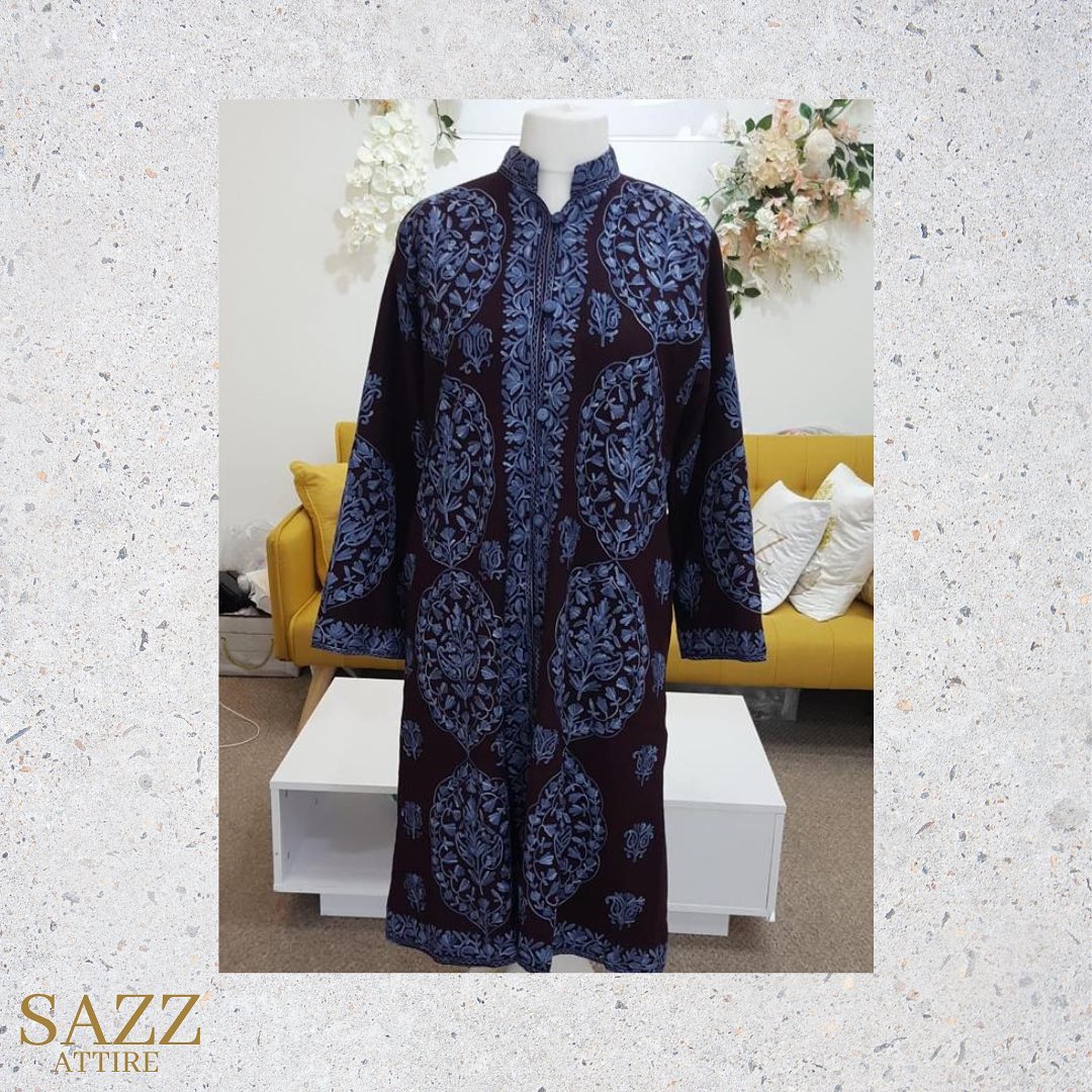Plum Purple Woolen Jacket with Slate Blue Medallion Aari Embroidery