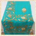 Turquoise Blue Silk-Wool Wrap with Gold Floral Aari Embroidery