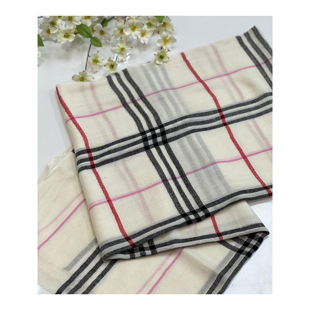 Classic Cream Plaid Scarf with Red and Black Accent Stripes