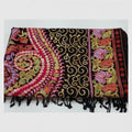 Midnight Black Sozni Embroidered Shawl with Floral Vine Border