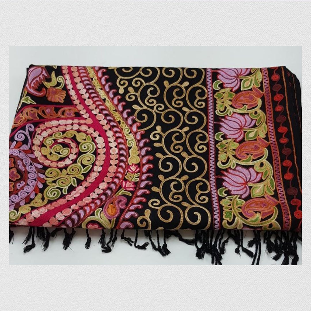 Midnight Black Sozni Embroidered Shawl with Floral Vine Border