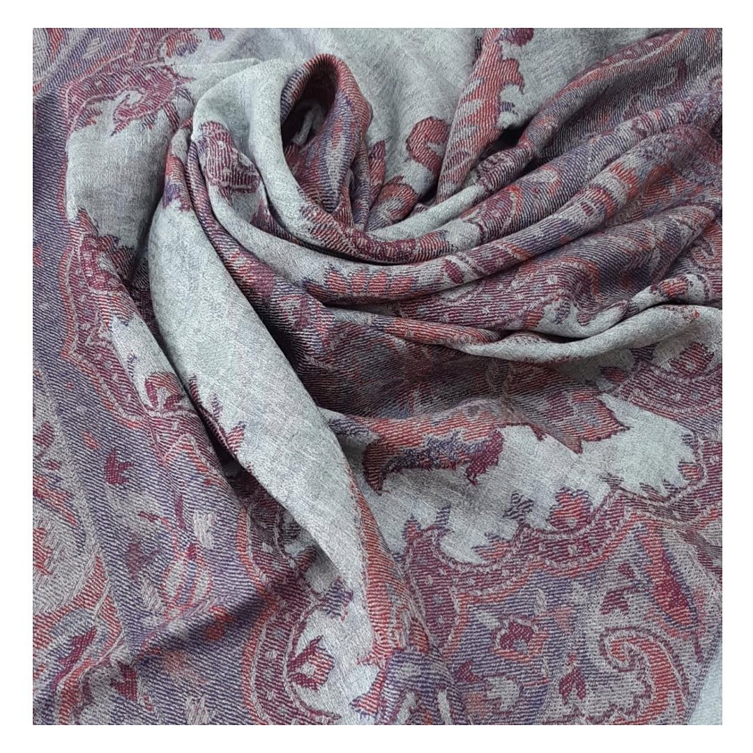 Silver Grey & Burgundy Vintage Paisley Jacquard Shawl