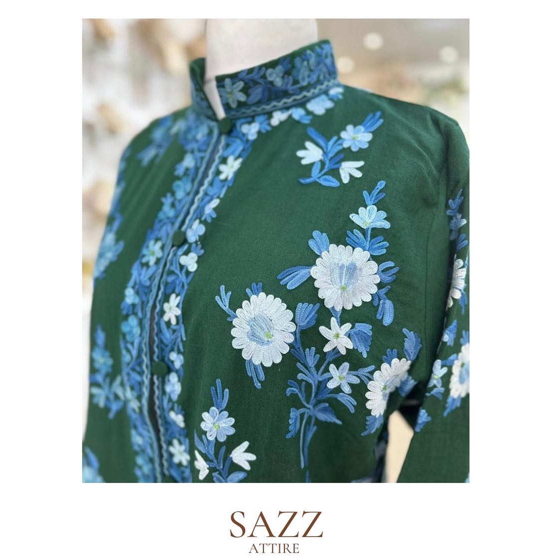 Emerald Green Floral Aari Work Woolen Jacket - Blue Accents