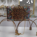 Artisanal Sienna Hand-Painted Box Clutch with Intricate Persian Floral Pattern