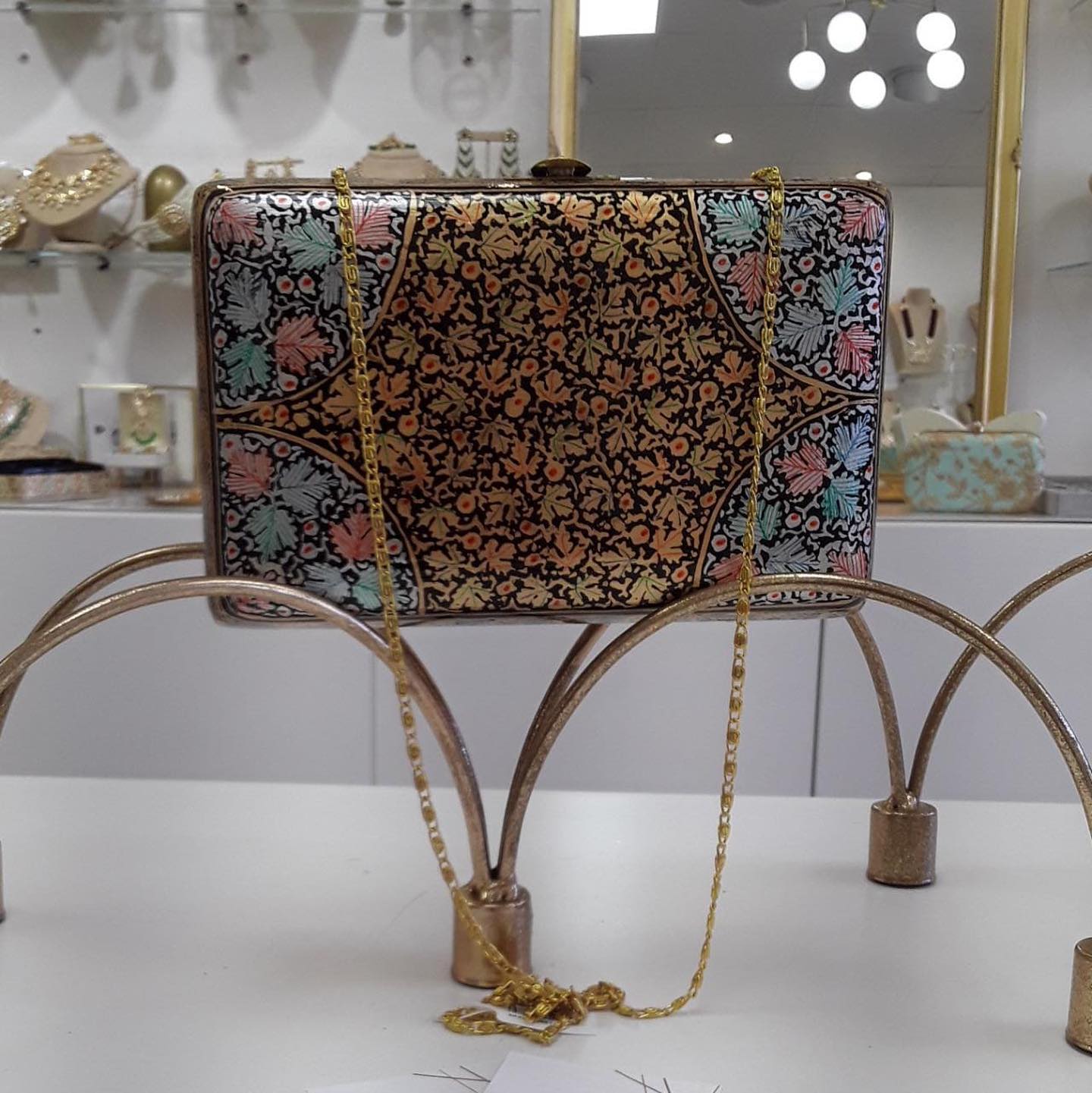 Artisanal Sienna Hand-Painted Box Clutch with Intricate Persian Floral Pattern
