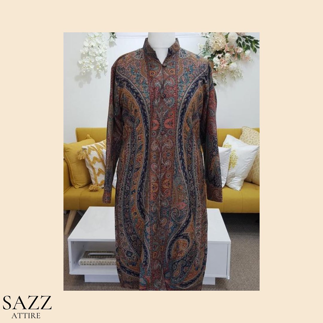 Earthy Brown & Navy Full-Length Paisley Aari Embroidered Jacket