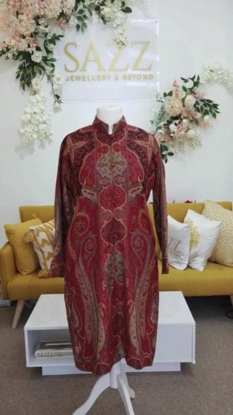 Crimson Red Vintage Paisley Woolen Jacket with Mandarin Collar