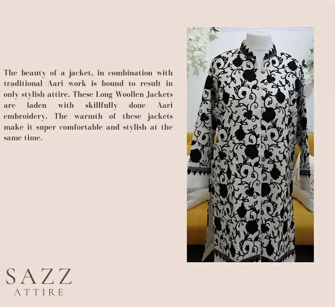 Monochrome Floral Aari Embroidery Woolen Long Jacket - White/Black