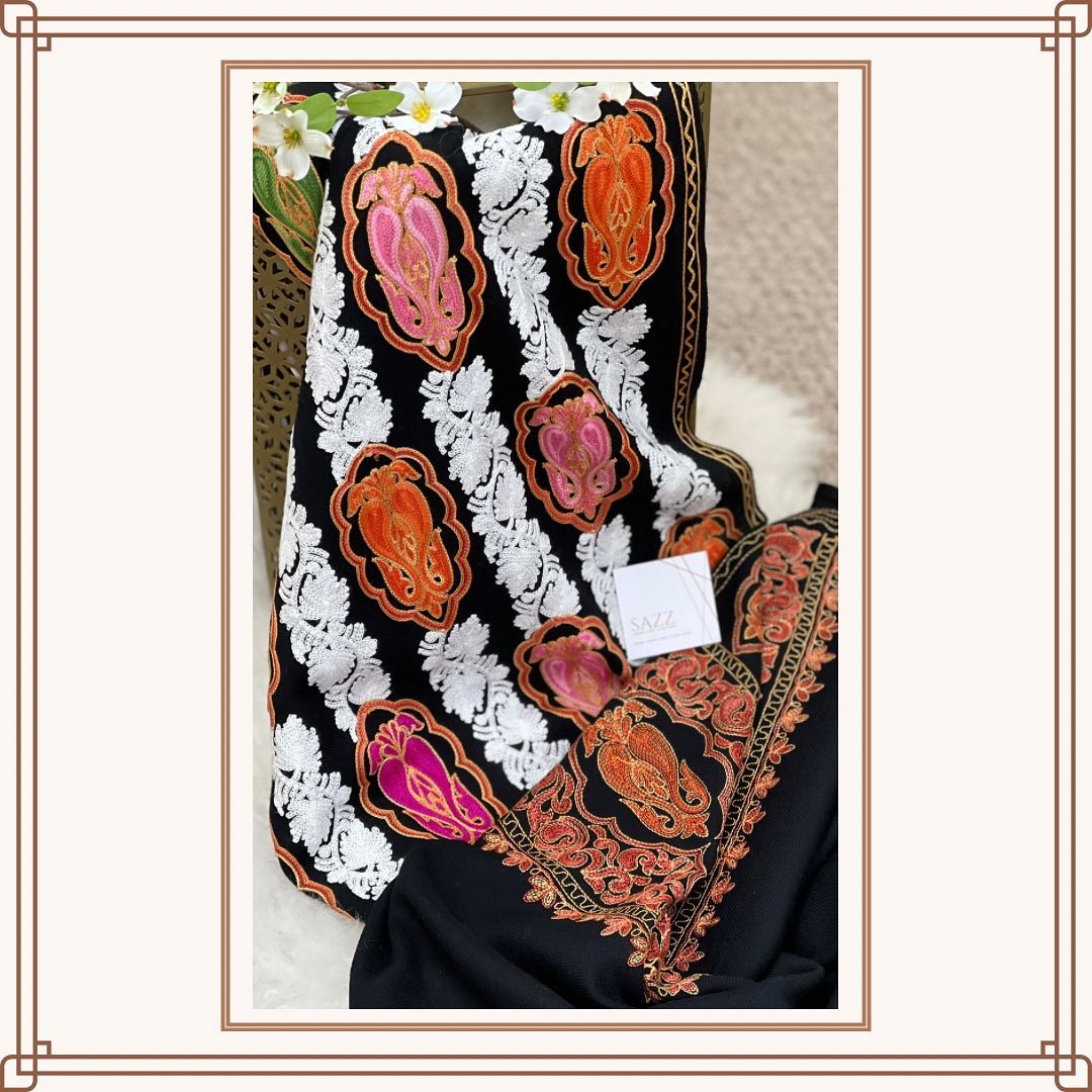 Black Kashmiri Shawl with Multi-Color Paisley & Floral Embroidery