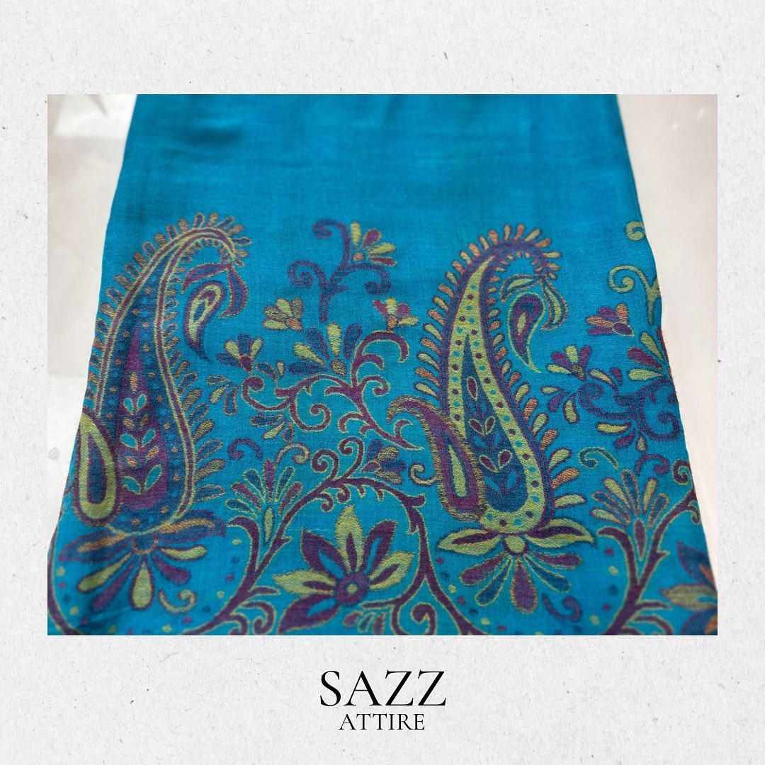 Peacock Blue Cashmere Scarf with Traditional Paisley Border Art