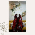Red Plaid Tartan Check Poncho with Faux Fur Trim