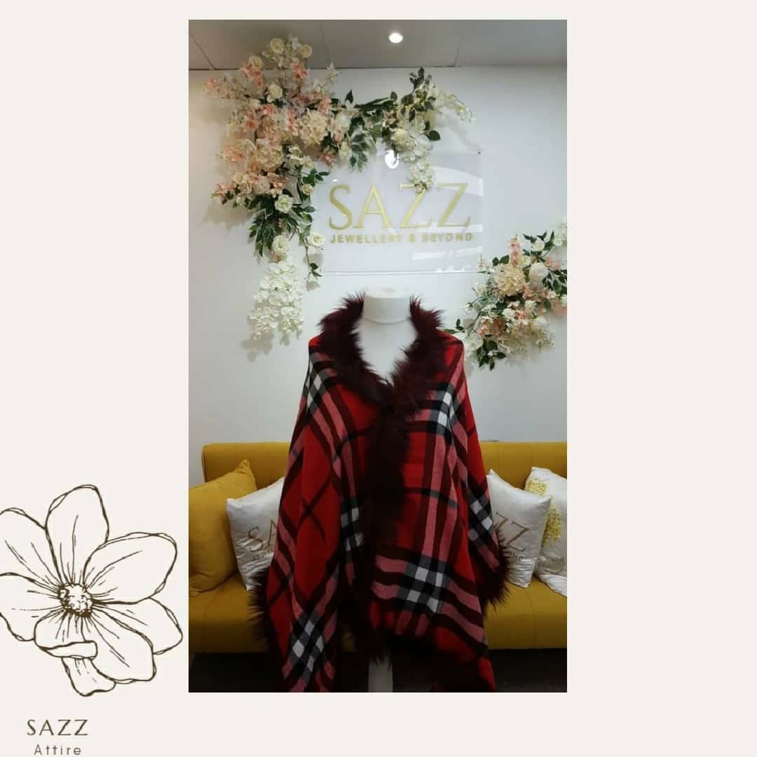 Red Plaid Tartan Check Poncho with Faux Fur Trim