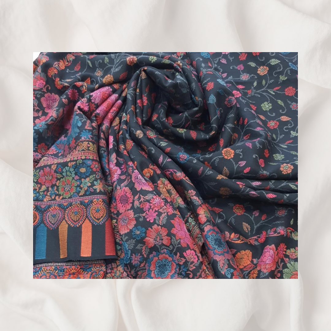Charcoal Black All-Over Floral Jamawar Shawl with Multi-Color Weave