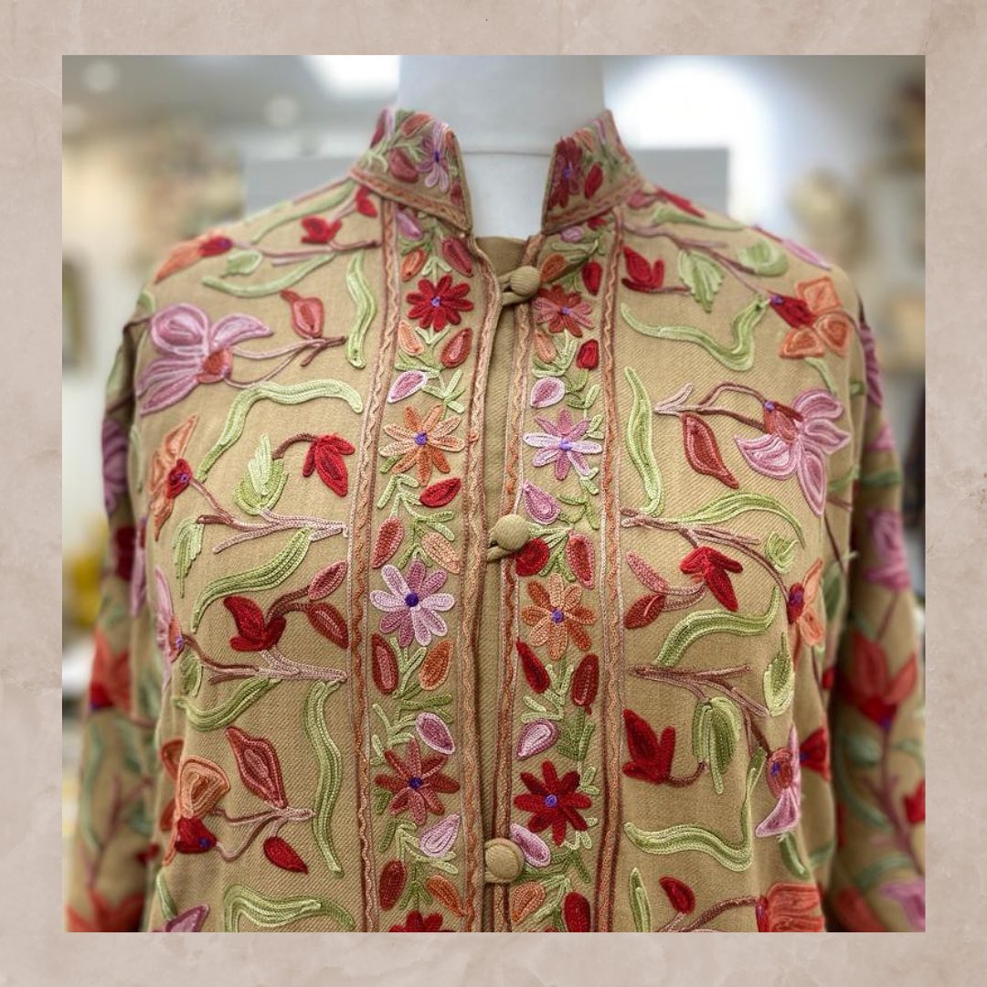 Beige Pastel Floral Multi-Color Aari Embroidered Woolen Jacket