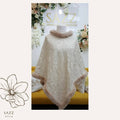 Elegant Cream Damask Jacquard Poncho with Faux Fur