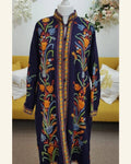 Royal Navy Blue Long Woolen Jacket with Vibrant Floral Aari Work