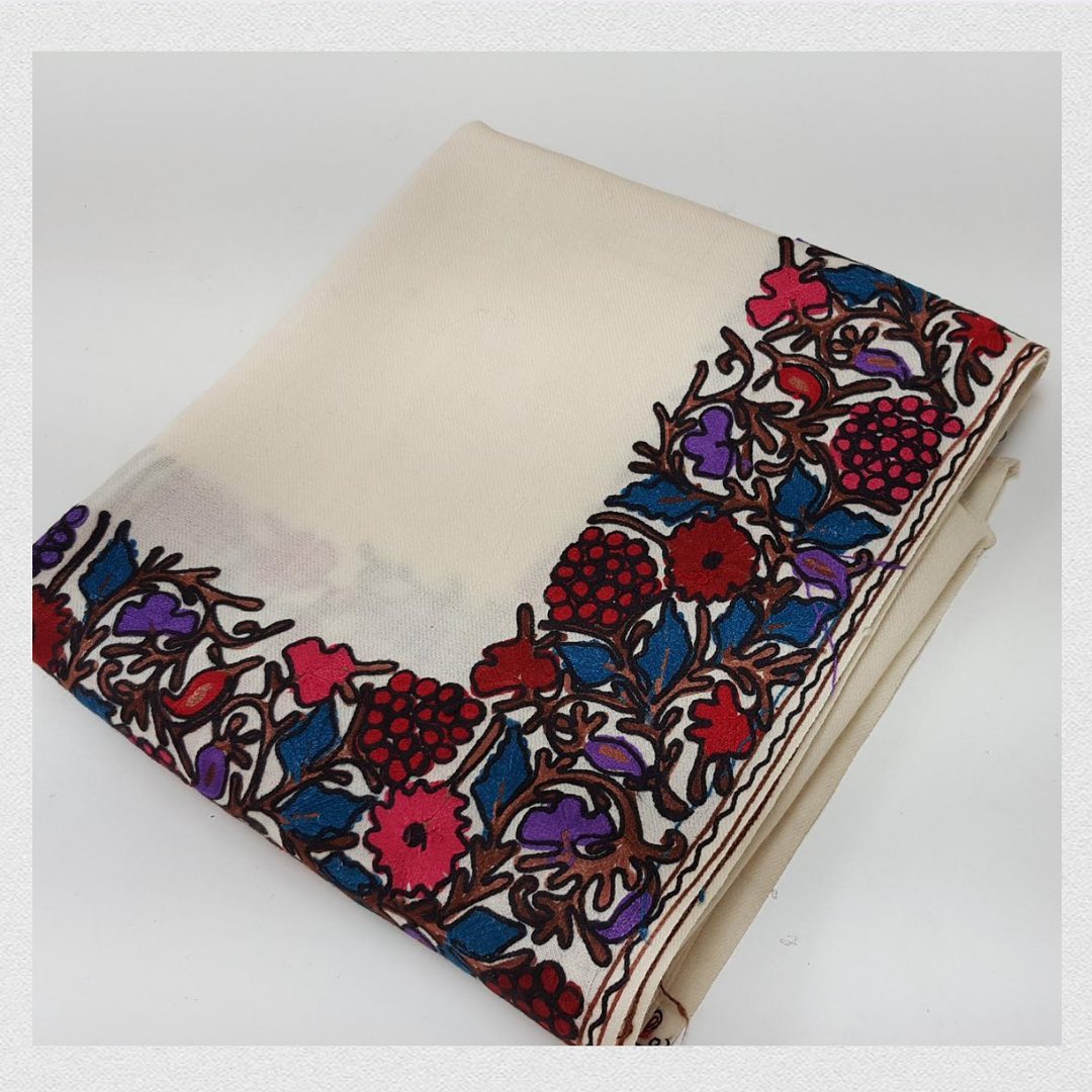 Ivory Woolen Shawl with Hand-Embroidered Vibrant Floral Scallop Border