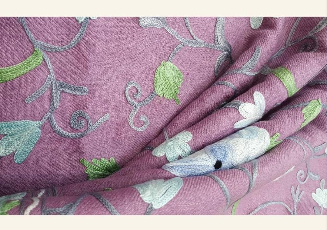 Dusty Mauve Hand-Embroidered Sozni Shawl - Fine Wool Wrap